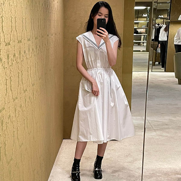 Vestido branco da Marinha sem mangas no calcanhar do colégio do estilo da garota doce do verão novo