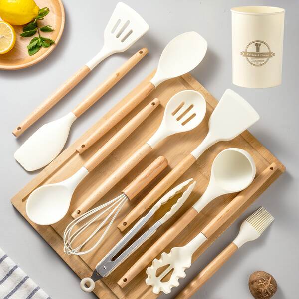 Set de utensílios de cozinha de silício branco de madeira 12 peças do kit de utensílios de cozinha da Amazon