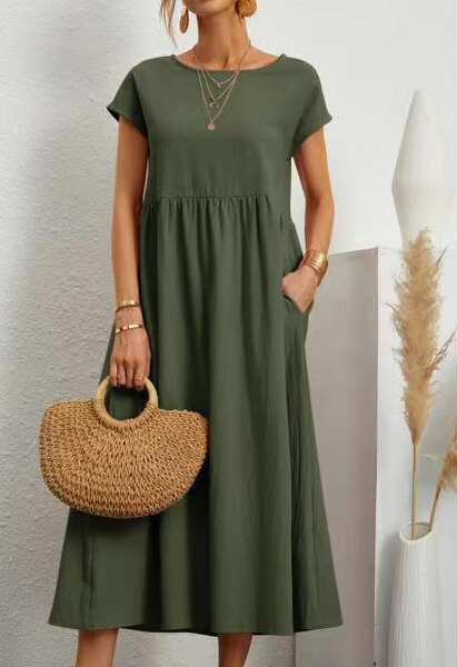 Vestido curto de manga com bolsos