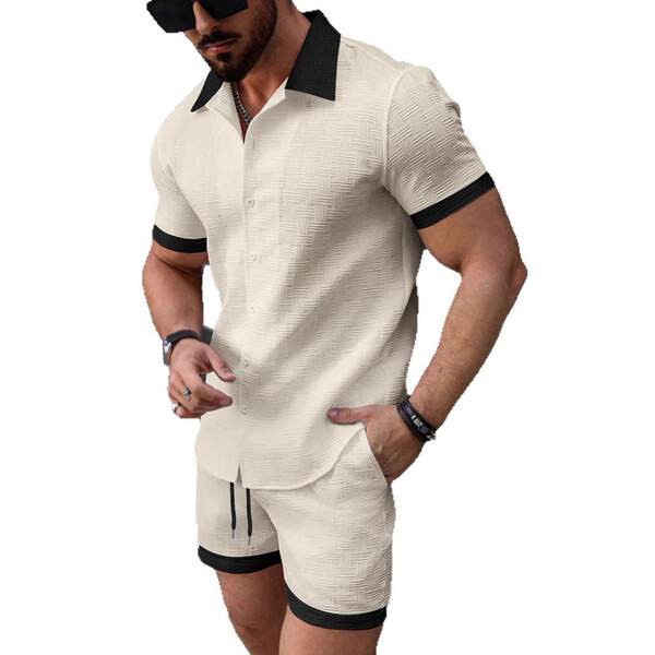 Transfronteiras 2025 Verão Novo Euro-Americano Homens Praia de lazer T-Shirt de pulseira curta + Suíte de calças