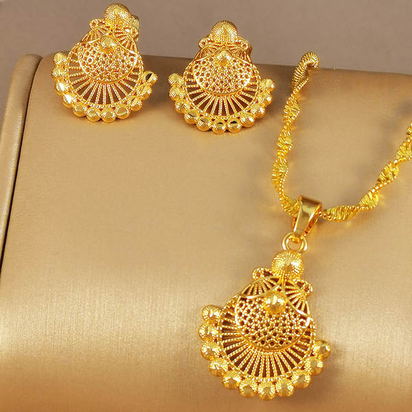 2 peças de estilo do Oriente Médio encantador geométrico 24K revestimento de ouro Dubai colar menina orelhas joias festa presente