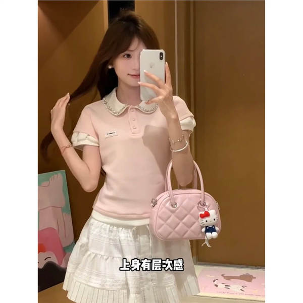 T-Shirt de menina rosa com duas mangas curtas de verão com sensação superior bonita exclusiva Miu T-Shirt de boneca