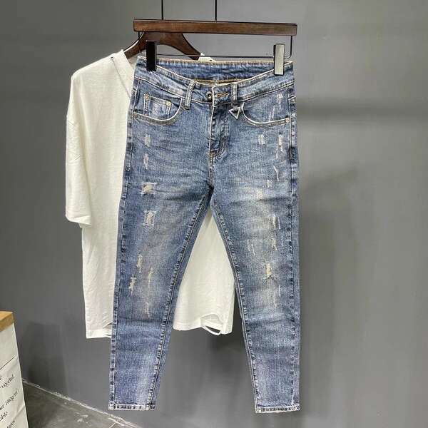 Nove pênis jeans meninas roxo calças coreanas tendências recém-nascidos personalidade elástica rasgar mendigo calças explodir