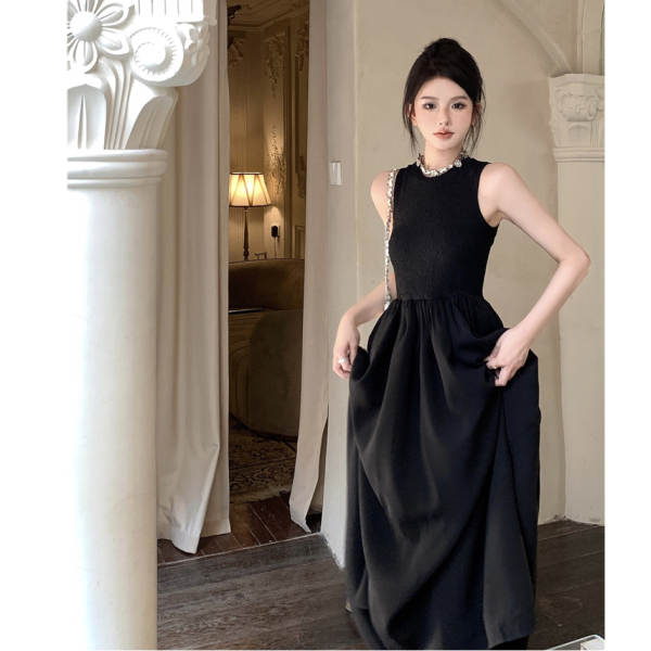 2026 novo modelo francês vintage chic colar calcanhar vestido de calçado sem mangas design sensação de costas vazio vestido feminino