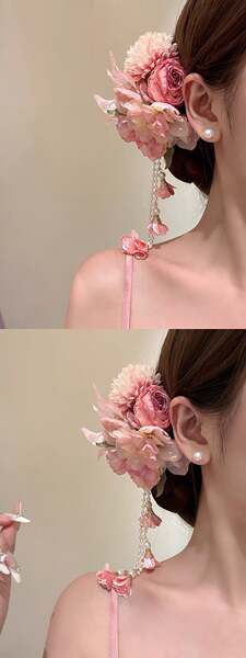 Penteado com Flor e Contas Rosa