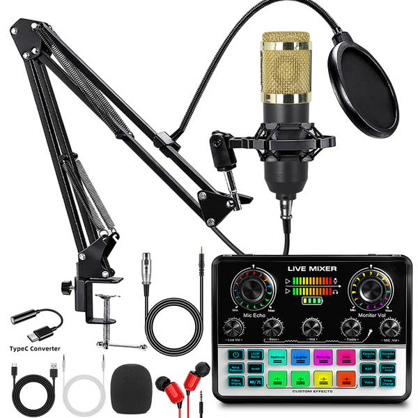 Cartão de som inglês F998 microfone V8S transfronteiriço placa de gravação de computador de transmissão ao vivo equipamento de podcast completo