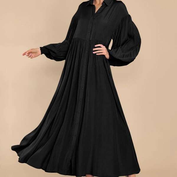 Transfronteiriço 2026 novo modelo de venda rápida feminino de lazer puro botão vestido com mangas longas roupas super longas