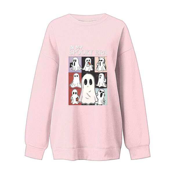 T-shirt feminino de Halloween bonito fantasma padrão de mangas compridas T-shirt de outono horrível