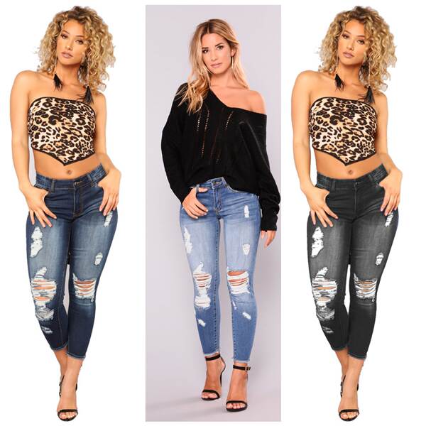 Verão Amazon dinheiro atacado de alta pontuação nove buracos buracos roupas femininas pernas apertadas pênalti jeans de moda