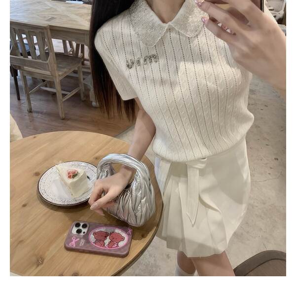 Listen doce oferta primavera miu casaco de boneca branco de mangas curtas de trabalho pesado T-shirt de borracha de verão