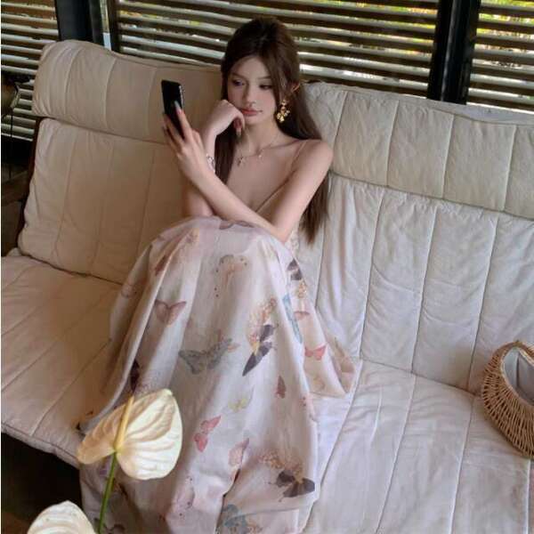 300 kg grande e pequena gordura mm novo estilo chinês de trabalho pesado suspensão de tamanho médio e comprido Jiangnan mousse vestido de verão suspensão feminino