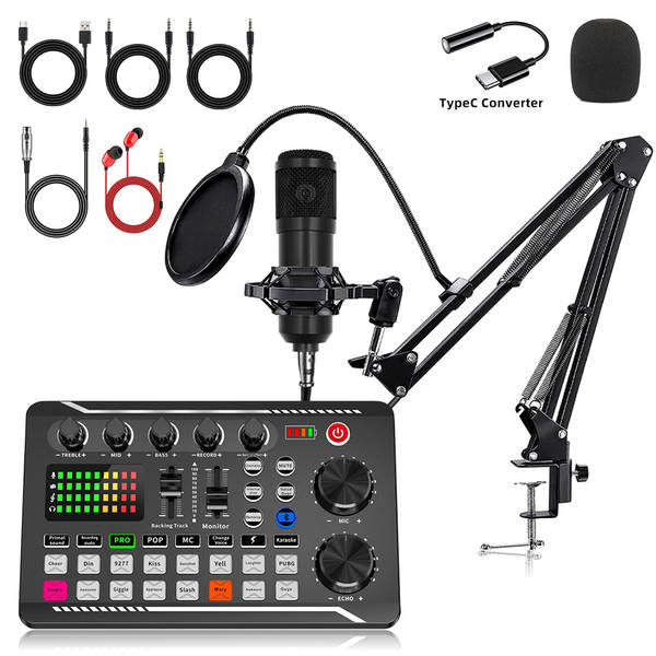 Cartão de som inglês F998 microfone V8S transfronteiriço placa de gravação de computador de transmissão ao vivo equipamento de podcast completo