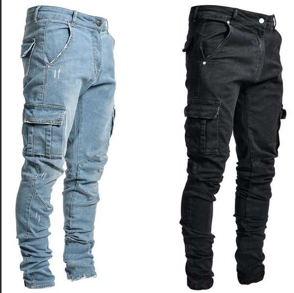 2021 Euro-americano transfronteiriço novo jeans masculino bolso lateral de pernas estreitas jeans NK388