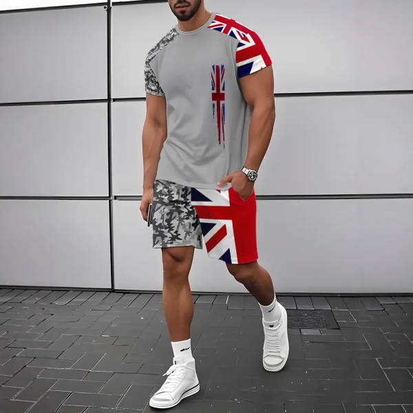 Homens Verão Novo Modelo Europeu-Americano Graduado 2 Peças Com 3D Impressão Digital Esporte Recreação Roda Redonda T-Shirt