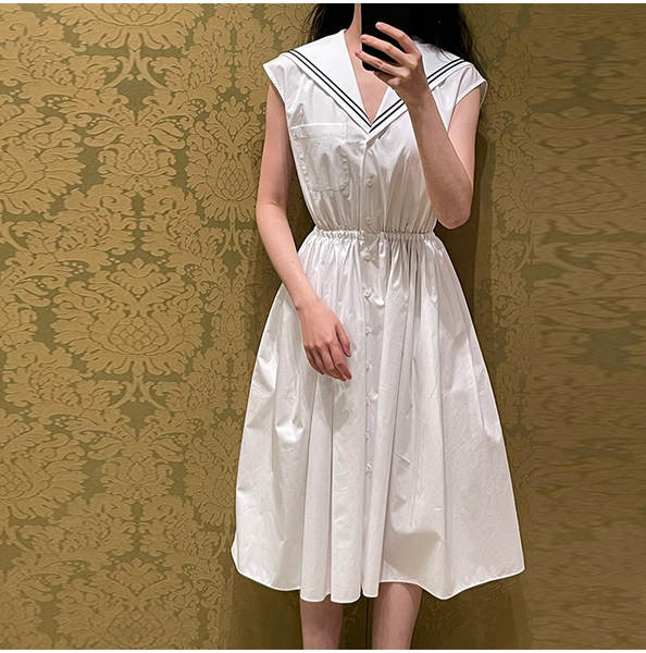 Vestido branco da Marinha sem mangas no calcanhar do colégio do estilo da garota doce do verão novo