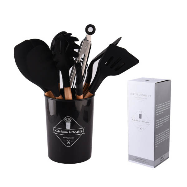 Conjunto de 12 Utensílios de Silício com Cabos de Madeira