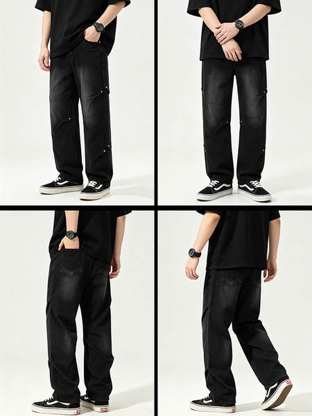 Calça jeans masculina larga de algodão
