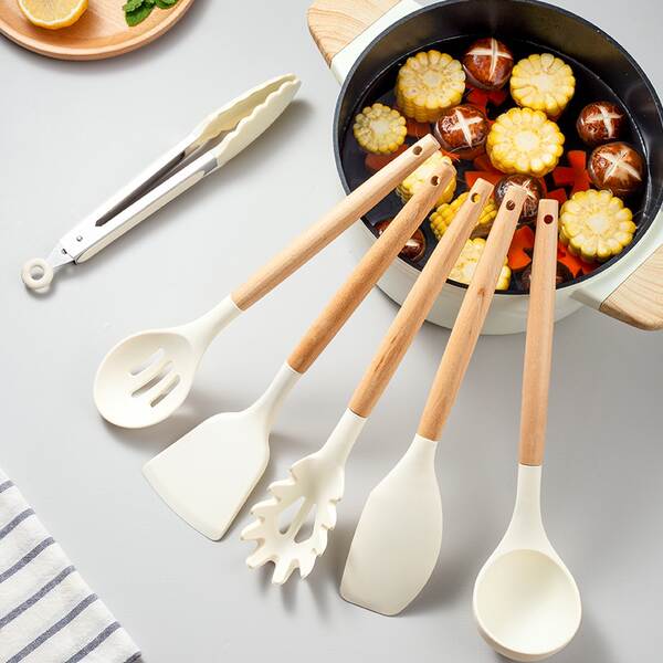 Set de utensílios de cozinha de silício branco de madeira 12 peças do kit de utensílios de cozinha da Amazon