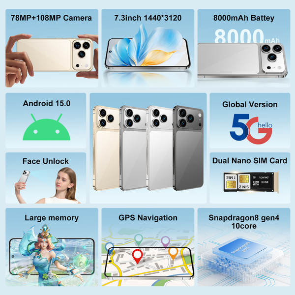 Novo i17pro max celular transfronteiriço real 4g rede oito núcleos 7,3 polegadas tela grande Android 15 16+1
