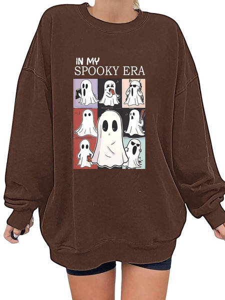 T-shirt feminino de Halloween bonito fantasma padrão de mangas compridas T-shirt de outono horrível