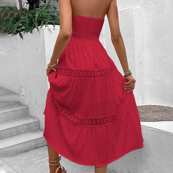 Vestido longo de renda com babados