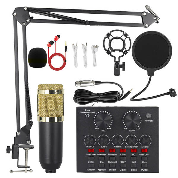 V8S cartão de som do celular Inglês kit de equipamentos de podcast bm800 microfone cantando celular F998 kit de transmissão ao vivo