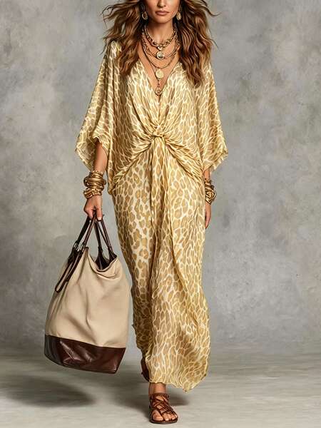 2026 ebay venda quente da Europa e EUA transfronteiriço comércio estrangeiro independente estação de leopardos V recebeu a cintura grande tamanho roupa longa vestido de mulher