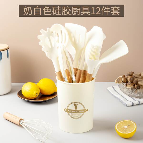 Set de utensílios de cozinha de silício branco de madeira 12 peças do kit de utensílios de cozinha da Amazon