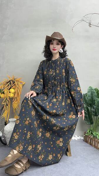 Vestido de manga longa em algodão e linho
