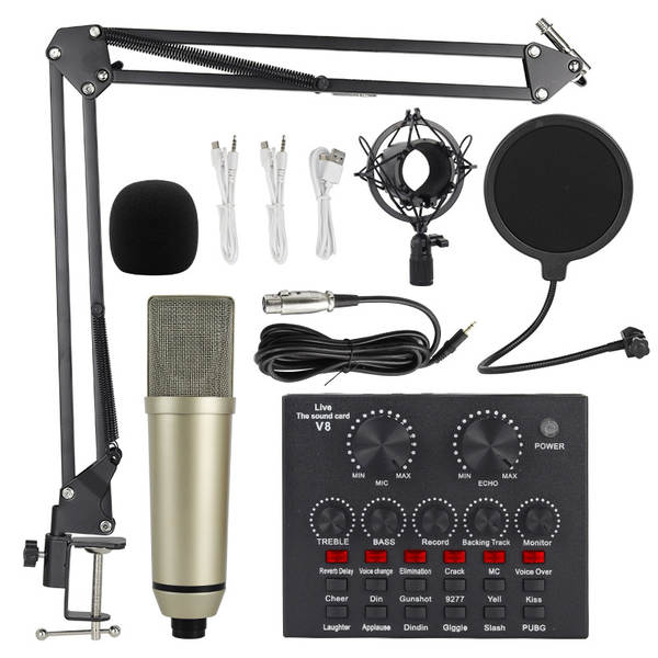 Transfronteiriço V8 Inglês de transmissão ao vivo da placa de som bm800 microfone bater de braço do telefone celular kit de cartão de voz podcast completo