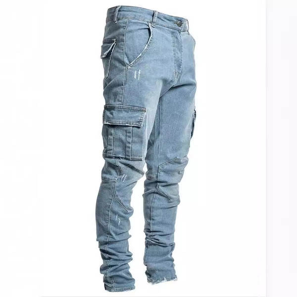 2021 Euro-americano transfronteiriço novo jeans masculino bolso lateral de pernas estreitas jeans NK388