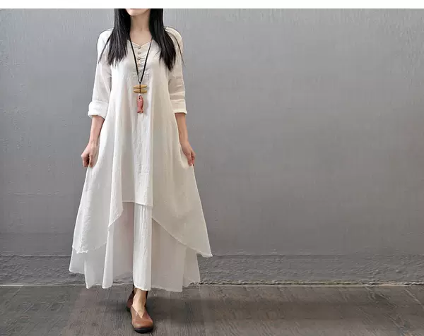 2026 Férias de Primavera e Outono Dois vestidos longos de roupa longa de algodão
