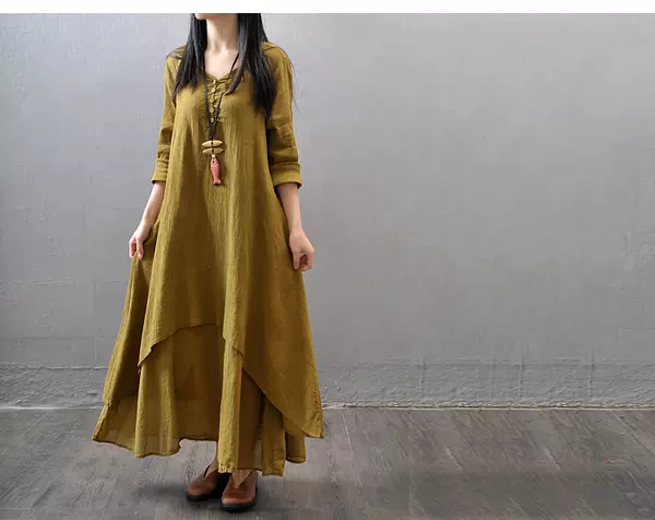 2026 Férias de Primavera e Outono Dois vestidos longos de roupa longa de algodão