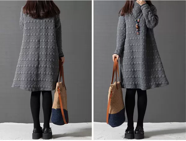 2026 Vestido de Primavera Nova versão coreana de tamanho grande e leve vestido feminino de colarinho alto de algodão mais espesso de baixo vestido de mangas longas