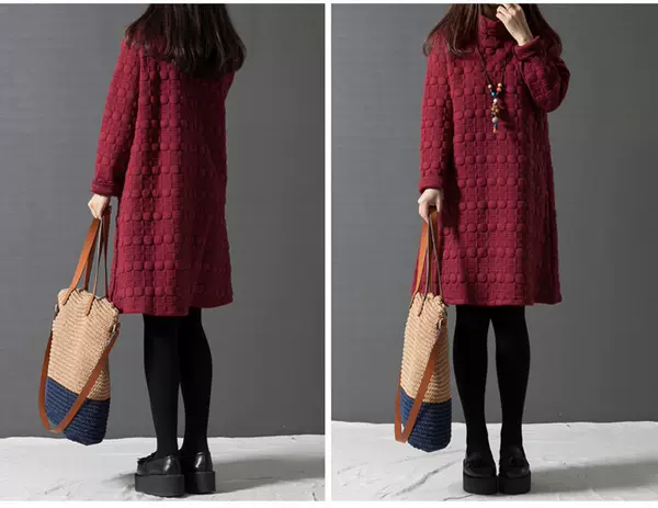2026 Vestido de Primavera Nova versão coreana de tamanho grande e leve vestido feminino de colarinho alto de algodão mais espesso de baixo vestido de mangas longas