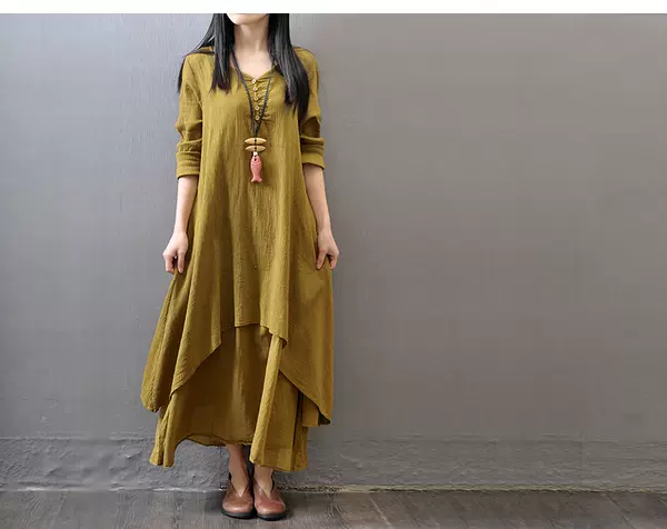 2026 Férias de Primavera e Outono Dois vestidos longos de roupa longa de algodão