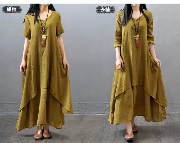 2026 Férias de Primavera e Outono Dois vestidos longos de roupa longa de algodão