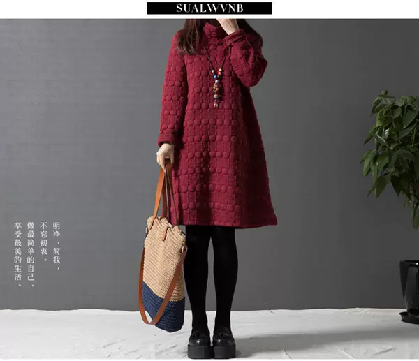 2026 Vestido de Primavera Nova versão coreana de tamanho grande e leve vestido feminino de colarinho alto de algodão mais espesso de baixo vestido de mangas longas